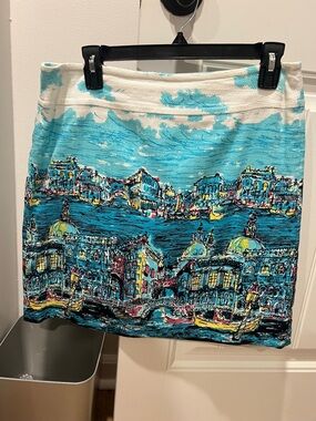 Talbots Women’s Blue Scenic Print cotton Knit Skirt size 8